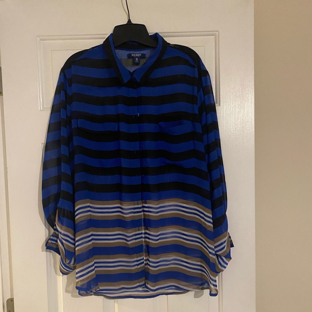 Black & Blue Sheer Button Up Blouse
